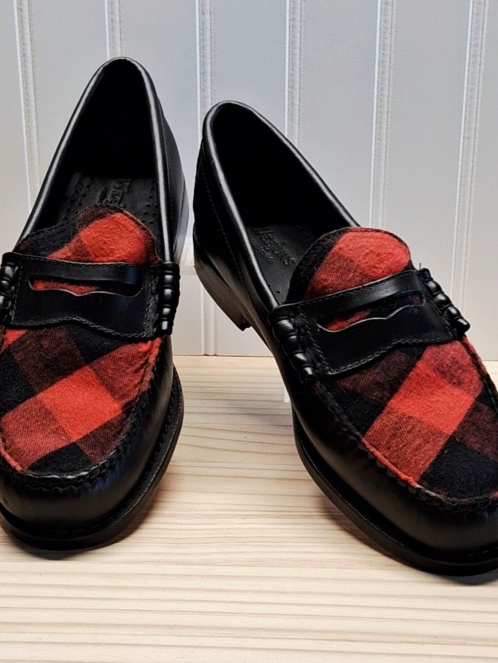 G.H. Bass & Co. UNISEX Black Loafers with Red Buffalo Plaid.